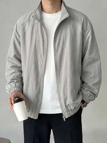 1pc Men's Jacket, Grey Mesh Splice Stand Collar Zipper Jacket, Woven Fabric Loose Silhouette Comfortable Non-Pilling, Casual Sporty Style, Suitable For Commuting, Summer Outdoor Activities - Grey - View 3