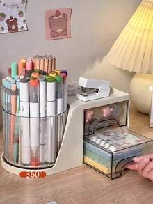 Organizador de mesa giratório com 2 gavetas, porta-canetas, organizador de mesa e suporte de armazenamento com 4 compartimentos + gavetas, para escritório, casa e materiais de arte. - Multicolorido - Ver 10