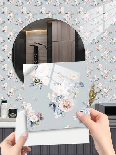10 Piezas Juego de Pegatinas de Pared Autoadhesivas y Removibles con Patrón Floral Azul Claro, Impermeables, Resistentes al Aceite y al Calor, con Textura Floral Fresca y Recubrimiento de Cristal, Adecuadas para Renovación Completa de Paredes de Baño y Sala de Estar, Estilo Floral Azul Claro Decoración del Hogar Sin Clavos Instalación Firme, Regalo Navideño Decoración Fresca para Remodelación de Baño