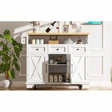 Modern Kitchen Island Table (118*43*98 Cm) Kitchen Cabinet / Dining Table, Wood Grain Design With Casters, Multifunctional Storage Space, Removable Partition With Towel Rack, White - White - View 8