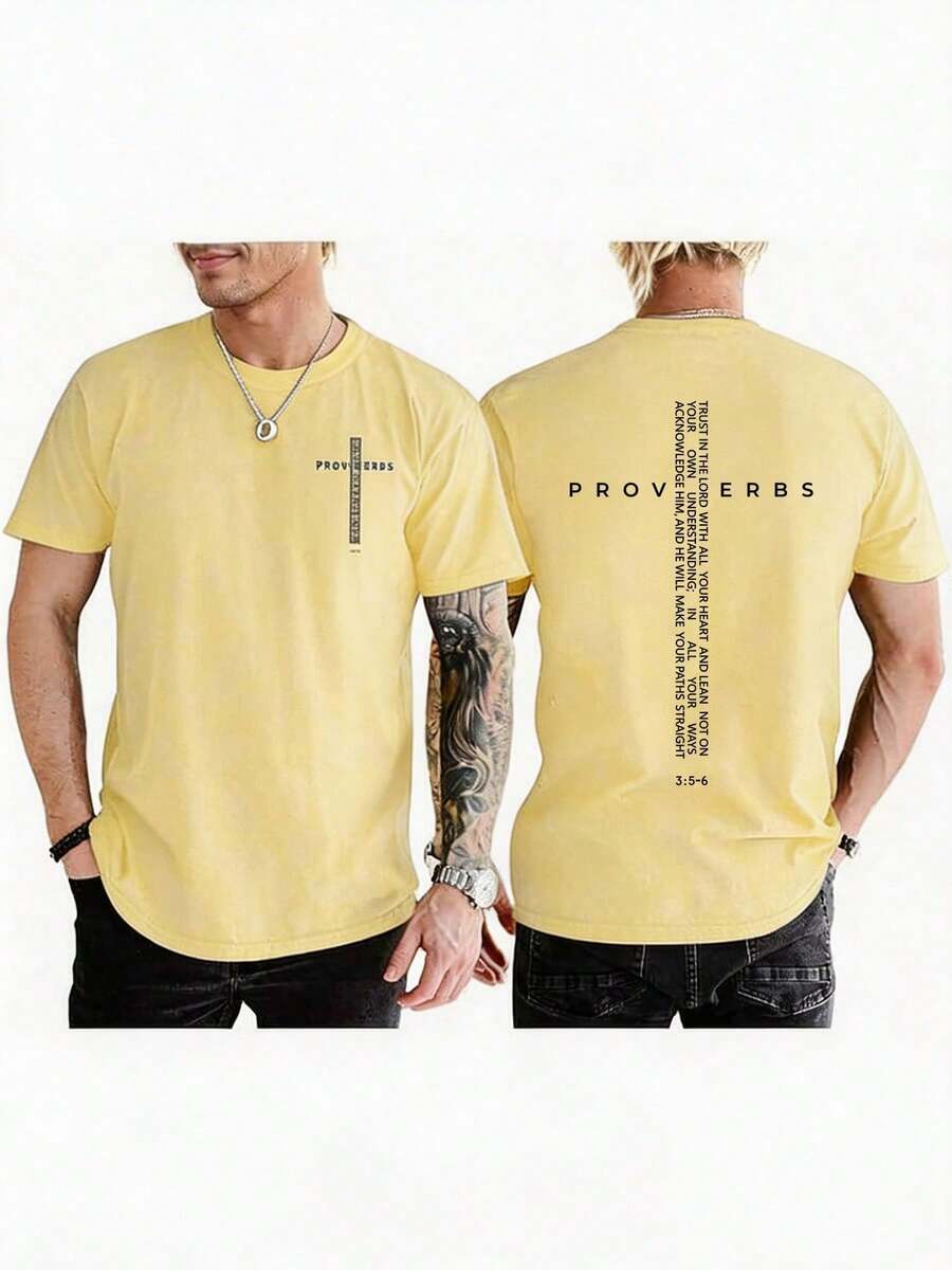 Men Vintage Christian Cross Bible Verse Tee, Jesus Faith Inspirational Cotton Short Sleeve Streetwear Top, Daily Gift For Boyfriend Husband - 黃色 - 查看 1