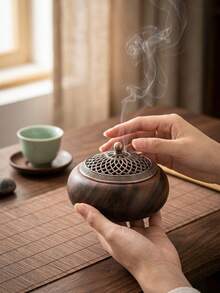 一套/件，带图案盖的木纹香炉。中式复古风格树脂香炉。圆润的木纹容器设计香炉。适用于中式客厅的茶几、书房的古董展示架、茶室的储物台。 - 彩色 - 查看 8
