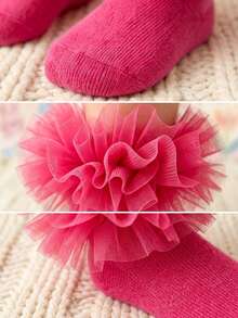 1 par de calcetines de malla con volantes esponjosos para niñas, calcetines de princesa con pliegues lindos, uso diario cómodo y transpirable - Rosa Fucsia - Ver 3