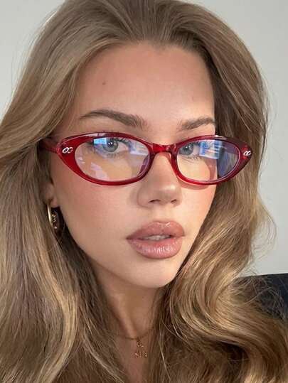 1副女士红色椭圆形纯色PC小框复古Y2K个性街头风透明镜片眼镜