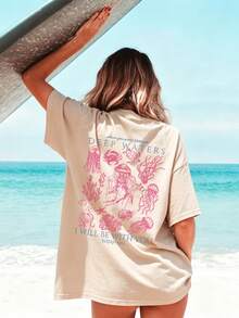 Women's Summer Casual 2026 New Loose Drapey Top, Printed With Deep Sea Creatures And Lettering, Casual Slouchy, American Vintage Healing Style Short Sleeve T-Shirt, Suitable For Beach Outings, Comfortable Daily Wear And Weekend Relaxation - Apricot - View 6