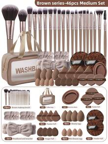 46PCS All-In-One Makeup Tools Set With Waterproof Cosmetic Bag, Complete Makeup Brushes, Multi-Shape Powder Puffs, Sponges & Cleaning Kit For Daily Makeup - Multicolor - View 1