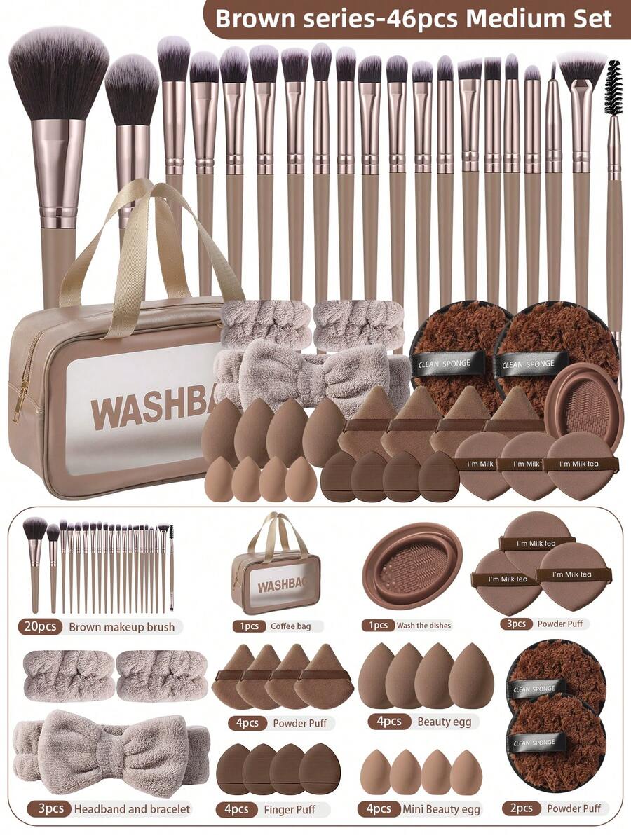 46PCS All-In-One Makeup Tools Set With Waterproof Cosmetic Bag, Complete Makeup Brushes, Multi-Shape Powder Puffs, Sponges & Cleaning Kit For Daily Makeup - Multicolor - View 1