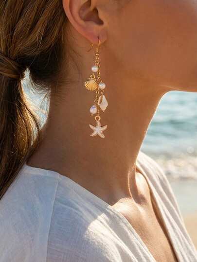 1 par de pendientes con estilo bohemio de concha, estrella de mar y perla, accesorios versátiles para vacaciones en la playa, adecuados para uso diario, fiestas y regalos de mujeres, cómodos y de moda