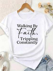 Plus-Size Women's-Shirt, Printed With Bible Verse Walk By Faith, Often Stumble - Christian Faith Apparel, Short-Sleeved, Round-Neck, Casual Wear BHOK - 白色 - 查看 1