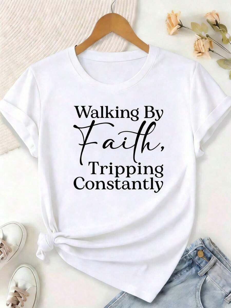 Plus-Size Women's-Shirt, Printed With Bible Verse Walk By Faith, Often Stumble - Christian Faith Apparel, Short-Sleeved, Round-Neck, Casual Wear BHOK - 白色 - 查看 1