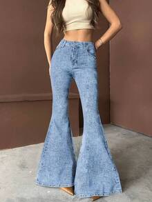 Quần jeans ống loe cạp cao co giãn phong cách retro Y2K mùa hè 2026, quần ống loe gợi cảm thoải mái cho nữ mùa xuân. - Màu xanh bụi bặm - Xem 4