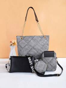 Women's 4-Piece Combo Bag Set - Fashion Essential!Shoulder Tote Crossbody Mini Bag Combo, Hand-Held & Crossbody Versatile, Stylish & Spacious, Suitable For Various Occasions, Hot-Selling Cross-Border Product - Grey - View 3