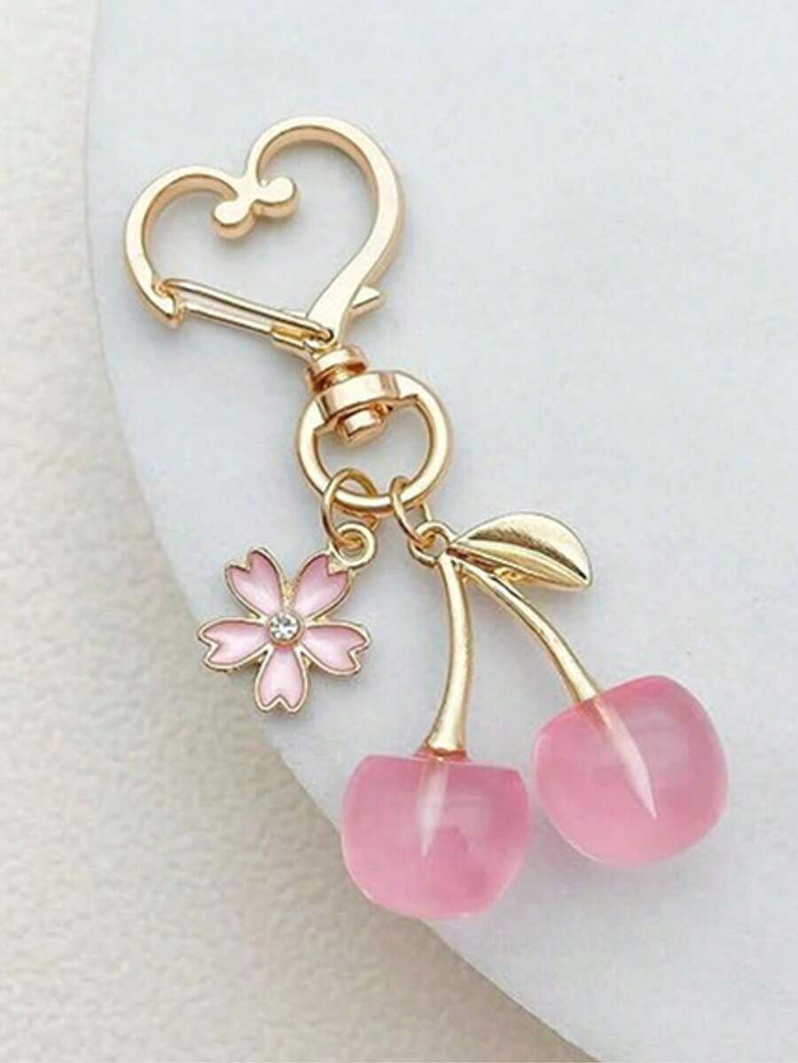 1pc Unisex New Shiny Faux Cherry Keychain Fashionable Delicate 3D Cherry Blossom Decor Bag Charm Jewellery Shine Party Car Accessories For Woman Gifts For Women - 粉色 - 查看 1