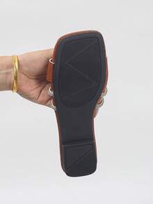 Plus Size 35-43 New Summer Open Toe Brown PU Sandals, Hollow Criss-Cross Rhinestone Decor Flat Slides, European And American Fashion Square Toe H-Shape Open Toe Beach Soft Bottom Flat Sandals For Women - Brown PU - View 8