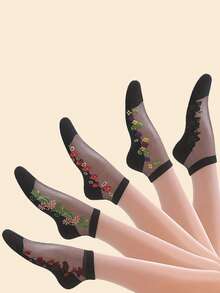 1/5 Pairs Random Women's Short Socks, Black Crystal Silk Embroidered Floral Pattern Glass Silk Thin Breathable Moisture-Wicking Fashion Socks, Suitable For Daily Wear - Multicolor - View 9