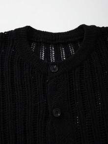 Spring/Summer Men's Unisex Casual Loose Minimalist Solid Color Ribbed Vintage Versatile Commute Fashion Lazy Knit Top Round Neck Button Front Cardigan Sweater Short Sleeve Jacket Black - Black - View 5