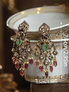2pcs Vintage Court Style Emerald Pendant Tassel Earrings, Suitable For Everyday Dates And Parties - 彩色 - 查看 2