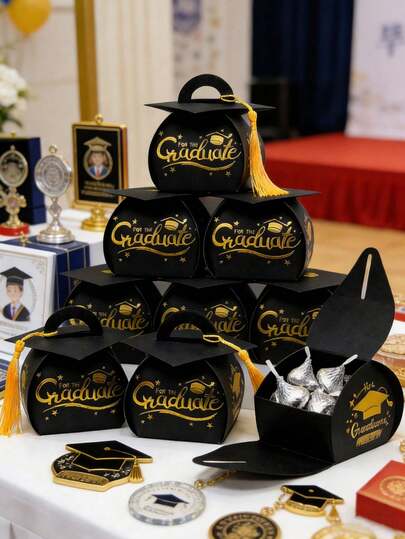 12pcs/Set Graduation Cap Gift Box, 2026 Graduation Decor, Tassel Candy Box, 2026 Graduation Party Favors, Adult Graduation Party Supplies, DIY 2026 Graduation Party (Black, Gold)