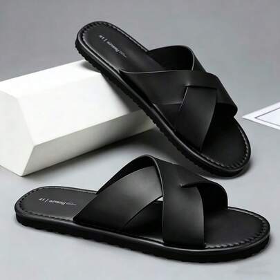 Sandalias de diapositivas casuales de verano para hombres, con diseño de cruce, hechas a mano con puntada abierta, de piel de PU negra plana, con estilo minimalista y moderno para uso al aire libre, playa, piscina, uso diario, transpirables y antideslizantes, cómodas chanclas para hombres