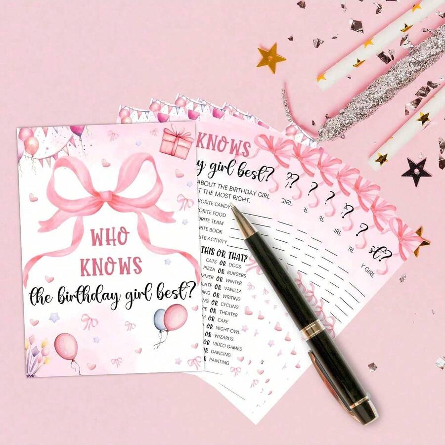 20pcs Pink Birthday Party Game Cards - Pink Bow Themed Pajama Party Supplies - Birthday Night Game Ideas - Multicolor - View 1