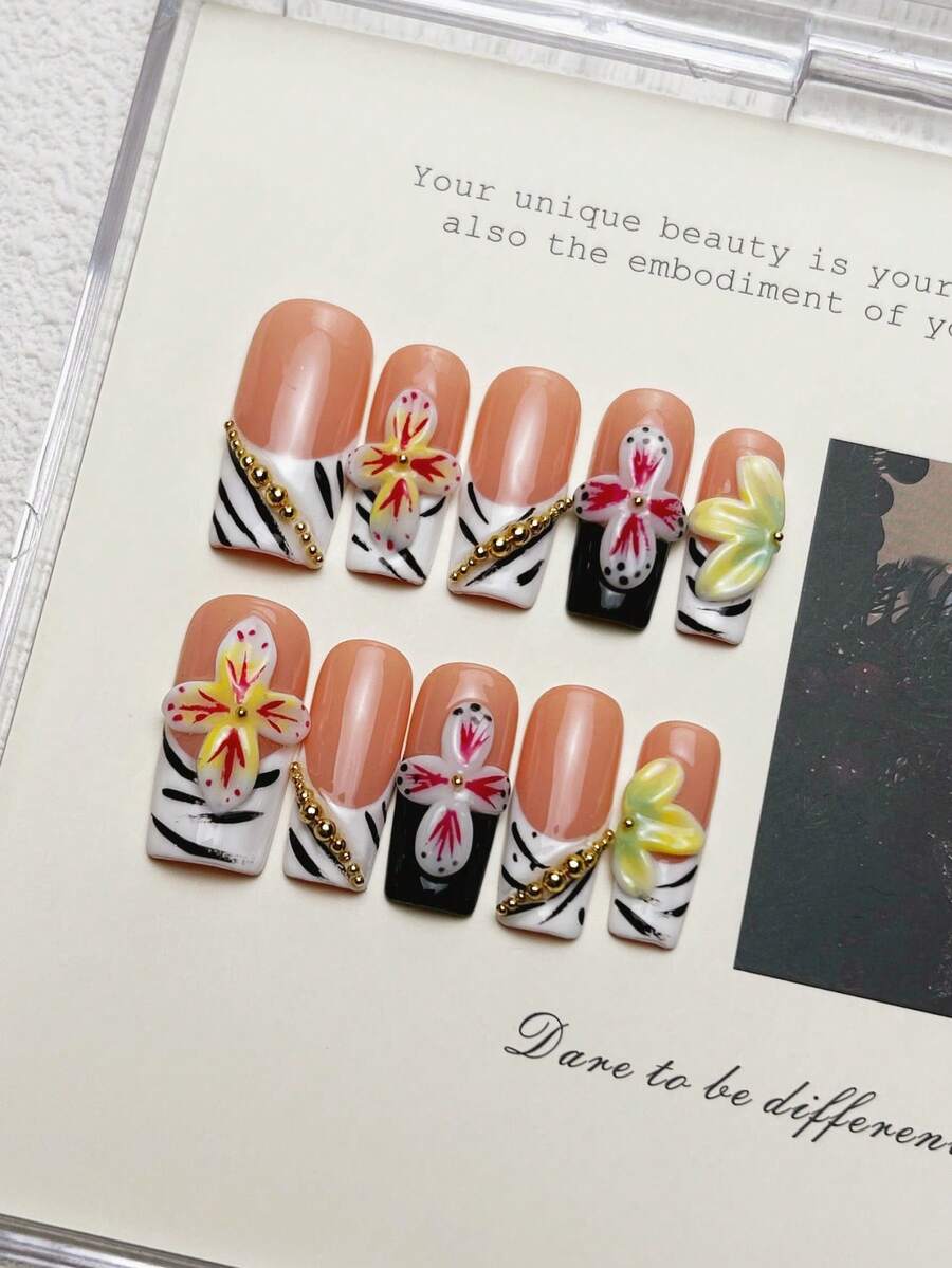 10pcs Handmade Nails Square Nail Tips Acrylic Press On Nails Medium, Western Nails Pink Nails, White Zebra Pattern French Tip Nails, Handpainted Gradient Floral 3D Carved Embossed Flower, Pearl Inlaid European & American Style Luxury Fall Press On Nails, Y2K Baddie Goth Junk Aesthetic, Versatile Nails DIY False Nail Art Party Daily & Dating Use Beach Tropical Getaway Suitable Reusable, For Women & Girls As Gift Nail Supplies - Multicolor - View 1