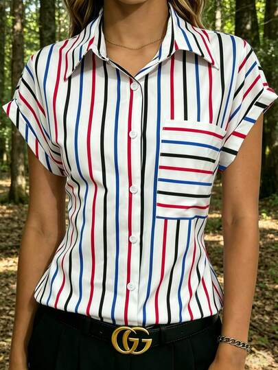 一件涤纶条纹短袖衬衫，红白蓝黑竖条纹，适合假日、度假、居家、日常穿着，春夏皆宜，透气宽松，休闲英伦风。