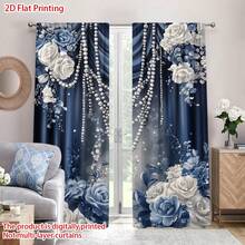 2PCS Blue And White Rose Curtains, Rose Pearl Pattern, With Pole Bag Design - Room Decoration, Suitable For Living Rooms, Offices, Cafes, Bathrooms - Home Decoration (Non Multi-Layer Curtains), Suitable For All Seasons, Decorative Curtains, 2D Plan,Excluding Straps - Multicolor - View 5