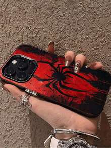 1pc Dark Red Spider Painted Pattern Full Coverage Silver IMD Anti-Fall Phone Protective Case Compatible With Iphone 17 16 15 14 13 12 11promax - Multicolor - View 5