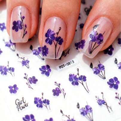 1片紫色花卉浮雕美甲贴纸，植物主题，亮面，不对称形状，适合女士美甲、美足、节日装饰
