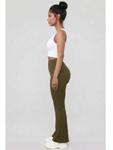 Women's Solid Color Rib Knit High Waisted Flare Pants For All Season Casual Basic Pants - Olive - View 2