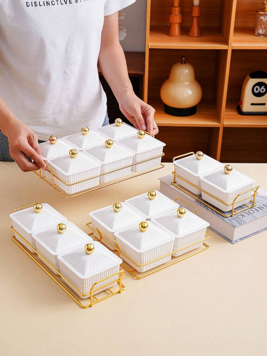 1 Set Square Plate Snack Dish On Gold Tray, Tray Set For Snacks, Candy, Dried Fruit, Cookies, Suitable For Holidays, Celebrations, Weddings, Parties - White - View 1