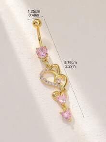 1pc Gold-Plated Copper Long Belly Button Ring With Zirconia Heart Shape Detail, Suitable As Valentine Halloween Christmas Easter Gift, Bar Party Beach Party Birthday Gift Or For Daily Wear For Women Valentines,Mom,Mother,Mother's Day,Gift - 粉色 - 查看 3