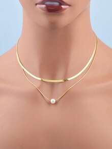 2pcs/Set Fashion Faux Pearl Decor Chain Necklace For Women For Daily Decoration - Vàng - Xem 1