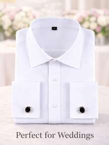 1 Pc Men's French Cuff Dress Shirt, Long Sleeve Formal Groom Groomsmen Wedding Suit Banquet Work Shirt, Please Check Size Chart Before Purchase - White - View 1