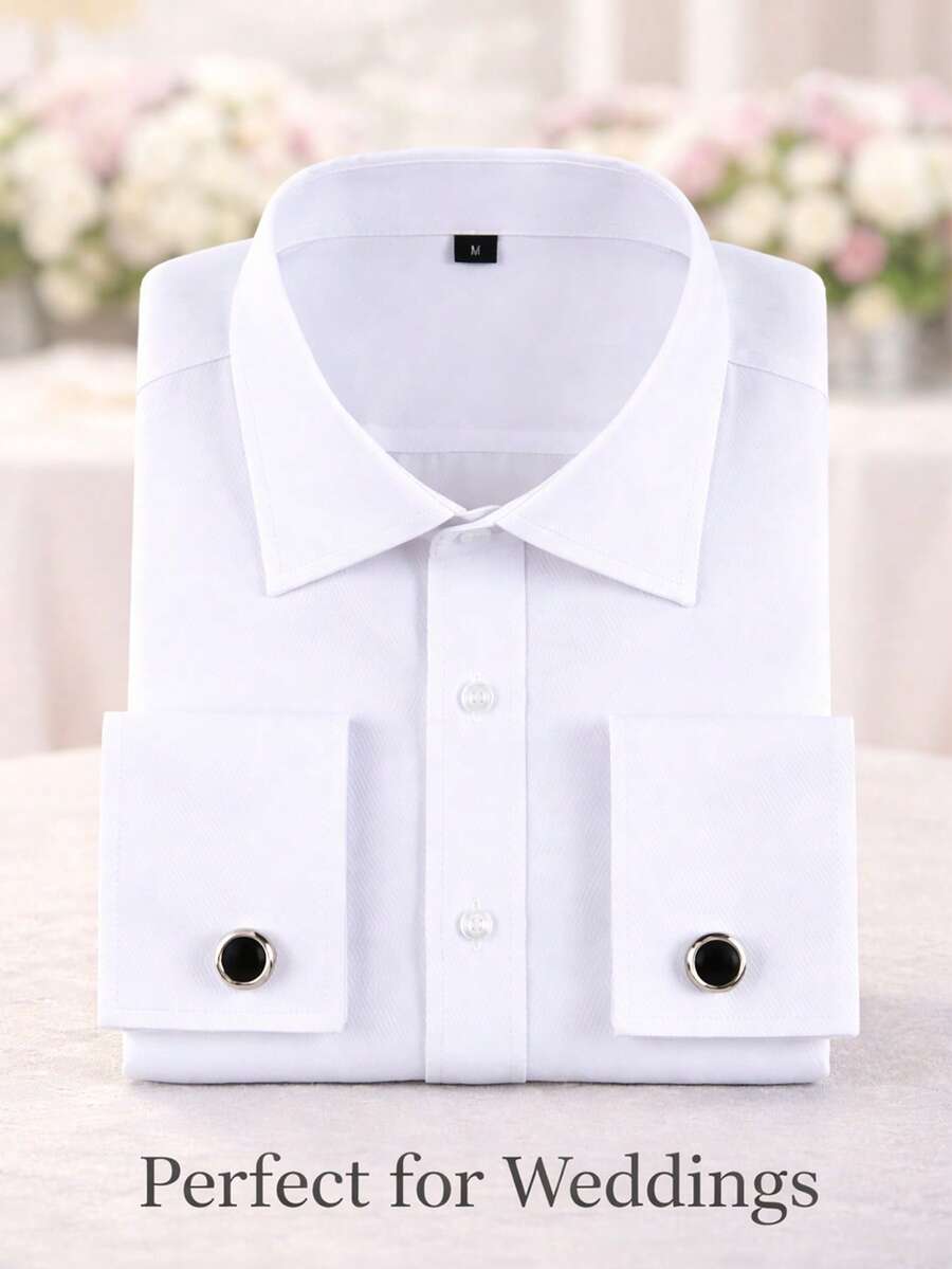 1 Pc Men's French Cuff Dress Shirt, Long Sleeve Formal Groom Groomsmen Wedding Suit Banquet Work Shirt, Please Check Size Chart Before Purchase - White - View 1