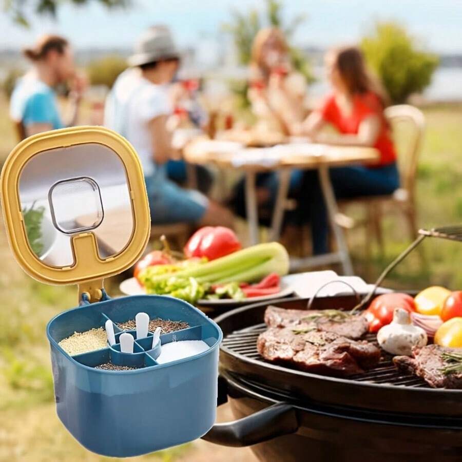 Bộ hộp đựng gia vị 4 trong 1 dung tích lớn kèm nắp và thìa - Chất liệu ABS, hoàn hảo để sắp xếp nhà bếp, lọ đựng muối, bộ đựng gia vị. - màu xanh lam vàng trong suốt - Xem 1