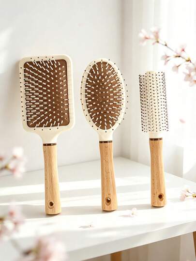 1 pieza Diseño de cojín de aire de masaje de varios tamaños y estilos con mango de madera, peine de cojín de aire ovalado/cilíndrico minimalista, adecuado para el cuidado diario del cabello, uso en salón, todas las estaciones