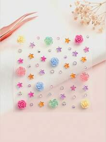 1pc Macaron Rose Starry Face Decorative Rhinestone Sticker, Colorful Soft Gel Rose + Holographic Star Rhinestone Design, Waterproof & Long-Lasting, Suitable For Hanfu, Sweet Girl, Music Festival Makeup,Concert Look,Face Gems,Rhinestone Face Sticker - Multicolor - View 6