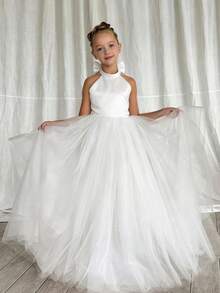 Vestido sin mangas con cuello de halter, lazo y perlas, de tul para niña pre-adolescente, apto para fiesta de cumpleaños, boda, dama de honor, baile de graduación, fiesta, ocasión especial - Blanco - Ver 5