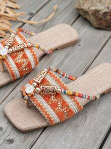 WRCVS 橙色女士拖鞋，刺绣凉鞋，编织平底拖鞋，拖鞋，随机花卉图案波西米亚风格派对和假日户外凉鞋 - 橘色 - 查看 7