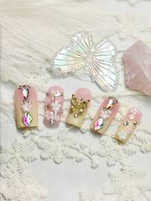 10pcs Handmade Press On False Nails Medium Square Ombre Pink Nude 3D Floral Nails Gold Butterfly Rhinestone Crystal Nail Charms Romantic Fairy Princess Style Wedding Date Valentines Daily Wear Unas Postizas - 粉色 - 查看 5