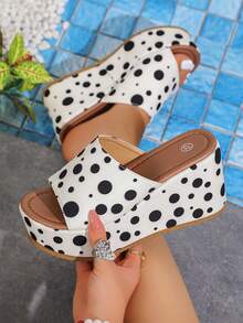 2026 Women's Sandals, White & Black Polka Dot Platform Wedge Heels, Fashionable Round Toe Slip-On Elevated Comfortable Sandals, Suitable For Spring/Summer Casual, Party, Pair With Dresses - White - View 5