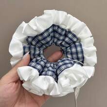 1件格子休闲涤纶发圈，多功能蓝白格纹双层荷叶边发圈马尾辫发绳发圈橡皮筋发圈发绳 - 藍白格紋雙層髮圈 - 查看 2