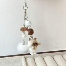 Ins Cute Cartoon Cat Keychain Love Fur Ball Beaded Mobile Phone Chain Backpack Hanging - Gray Cat Loves Fish [Lanyard Type] - View 2