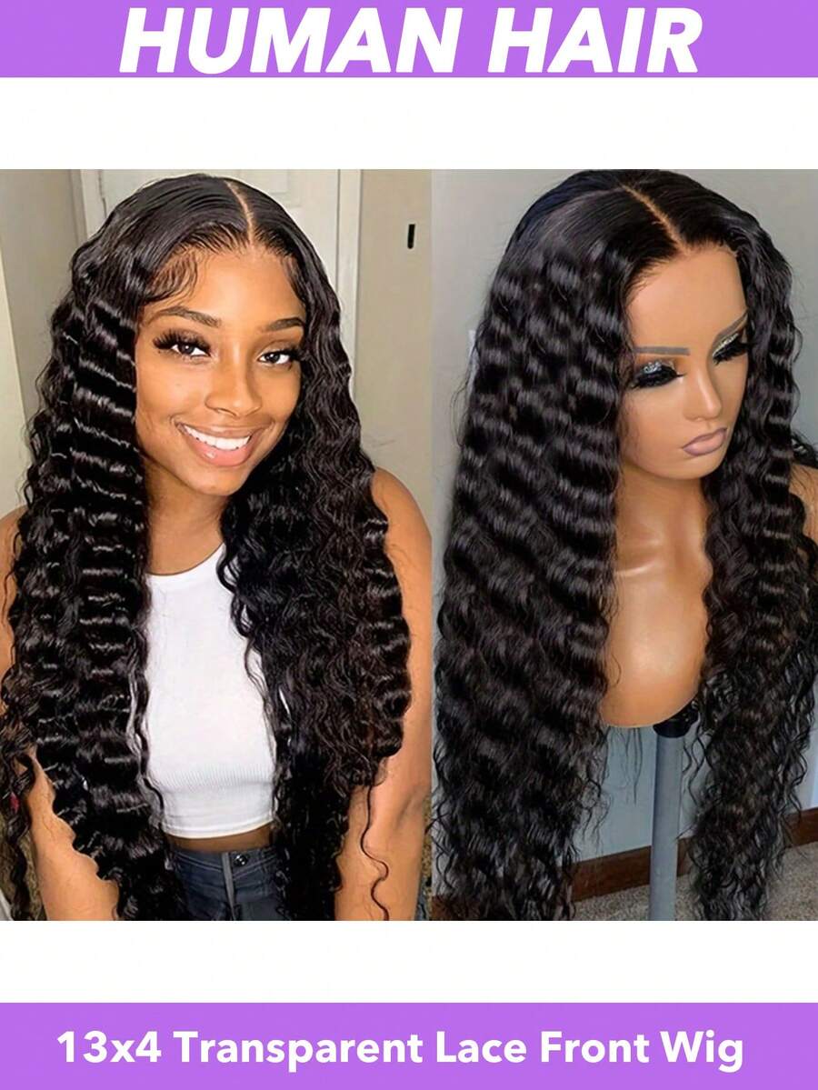 28英寸深波浪卷发真人发假发，180%密度，13x4蕾丝前额假发，预先拔毛，真人发丝，可调节尺寸，完美适合日常佩戴、角色扮演和派对，外观自然，自然黑#1B（8-30英寸），巴西原生发假发 - Natural Black - 查看 1