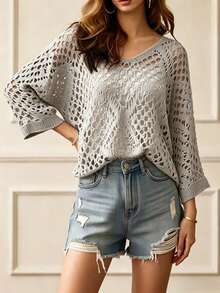 Suéter Casual Elegante com Decote V Vazado para Mulheres Plus Size, Cor Sólida, Adequado para Praia, Férias, Primavera/Verão, Férias Plus Size - Cinza - Visão 3