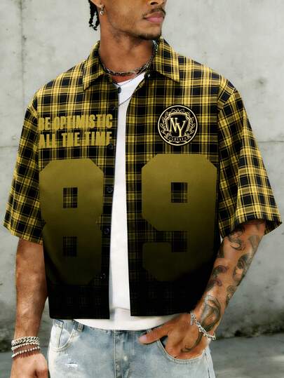 Men's Yellow Plaid "NY 89" Slogan Print Short Sleeve Button-Down Shirt, Retro Street Style