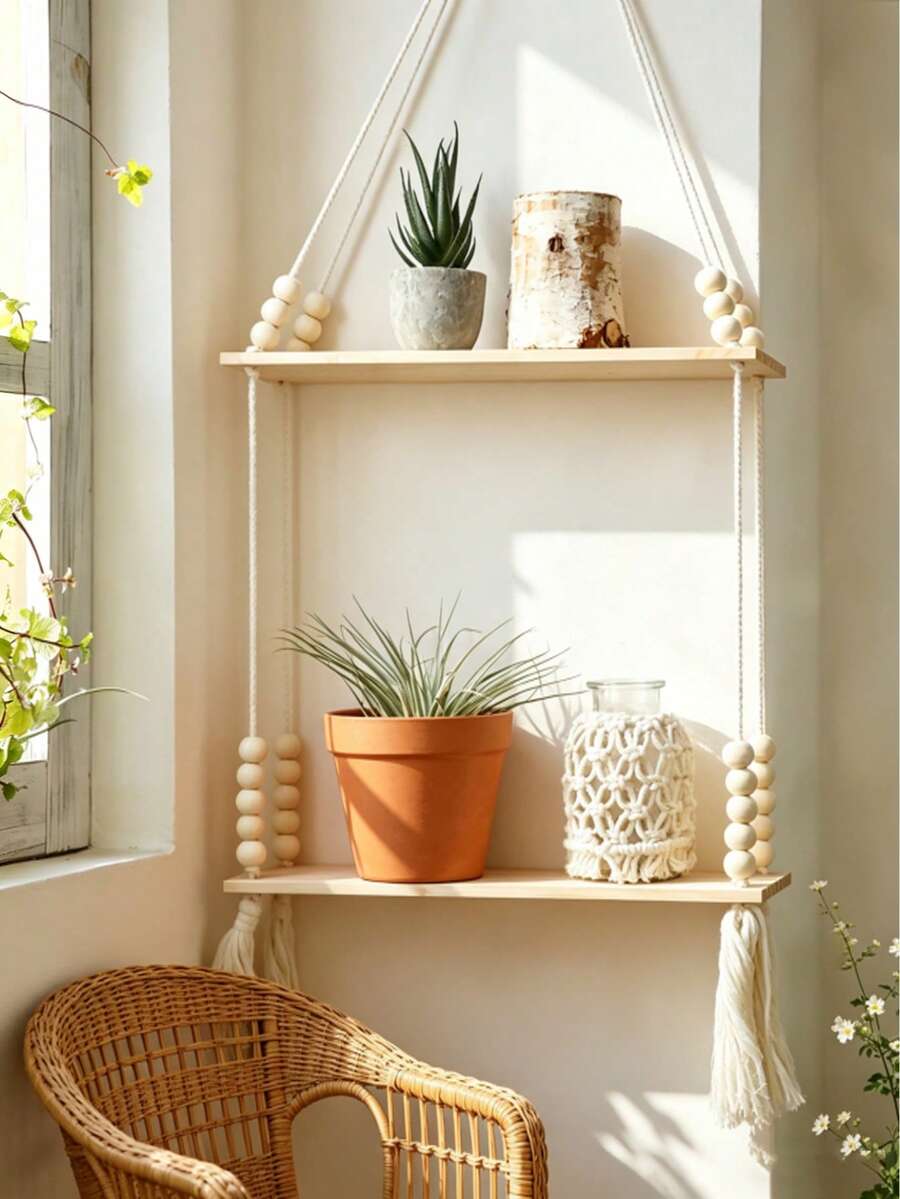 1pc Boho Style Wall Hanging Storage Rack, Woven Hanging Organizer, Aesthetic Home Decor, Minimalist Nordic Wall Mounted Storage Rack, Plant Display Shelf, Rustic Wall Hanging Storage Rack, Hanging Storage Rack, Suitable For Living Room, Bedroom, Bathroom, Kitchen, Balcony Decor, Plant Display Rack, Decorative Storage Rack, Modern Cozy Home Style, Space-Saving Wall Mounted Display Rack - Multicolor - View 1