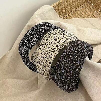 Vintage Floral High Crown Headband, Pleated Fabric Wide Headwrap, French Gentle Style Hair Accessory