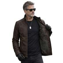 Men's Premium PU Leather Jacket With Fleece Lining - 鏽棕色 - 查看 5
